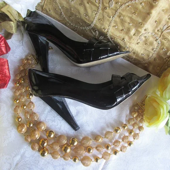 NINE WEST BLACK PATENT DOUBLE BAND PEEP-TOE HEELS – 7M - Picture 15 of 15